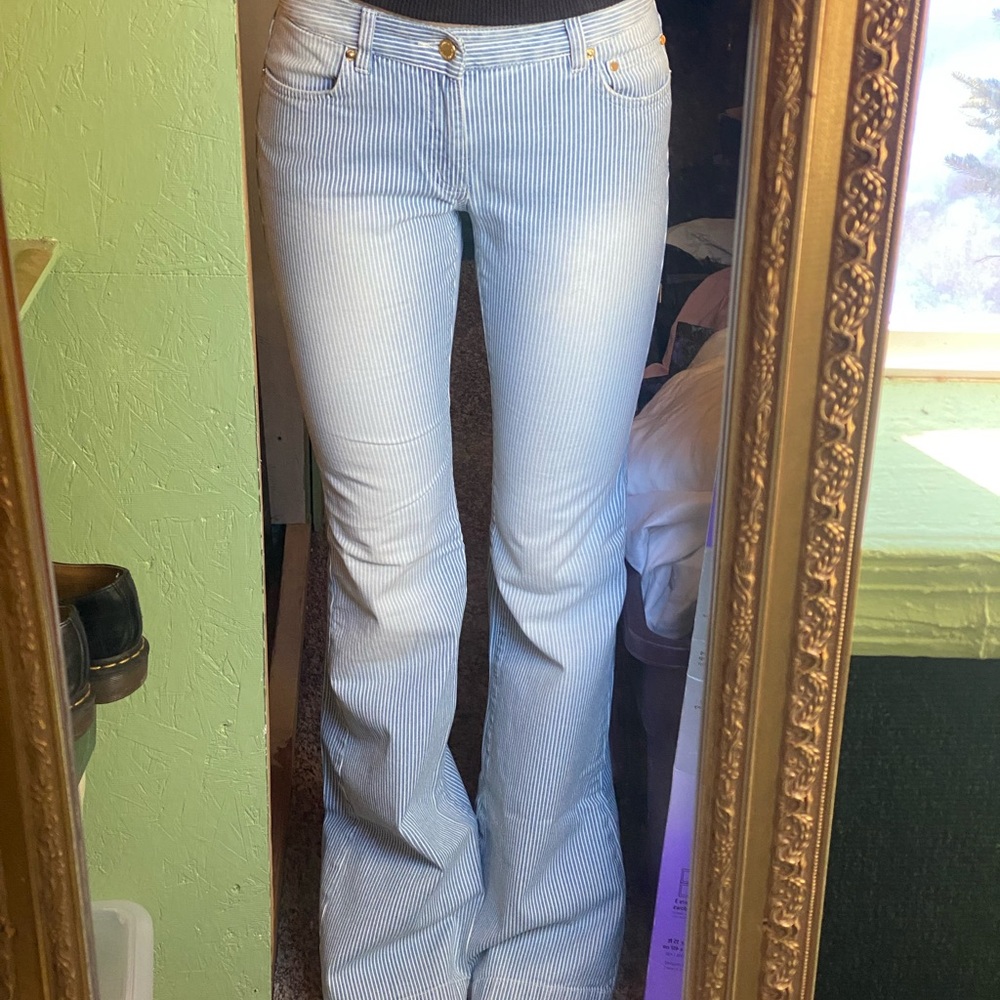 Light wash blue pinstripe flare jeans!